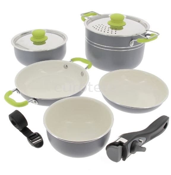 Ollas y sarten verde + gris con asa desmontable  - 084189 - Eurotete